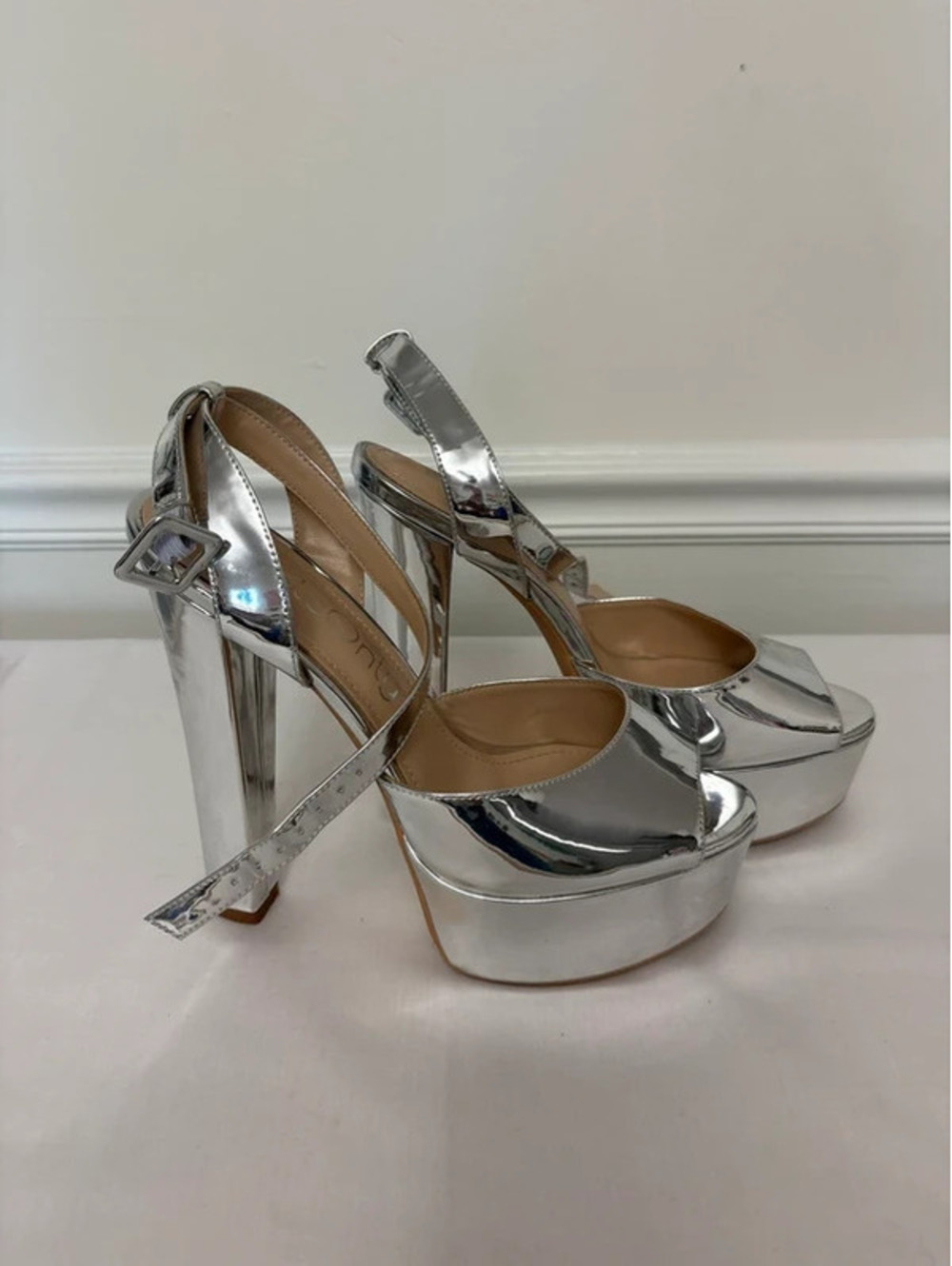 Silver Metallic Platform Heels Ankle Strap Disco Y2K